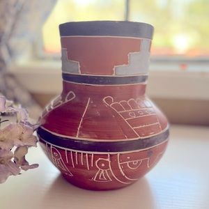 Vintage Mexican Pottery Etched Vase